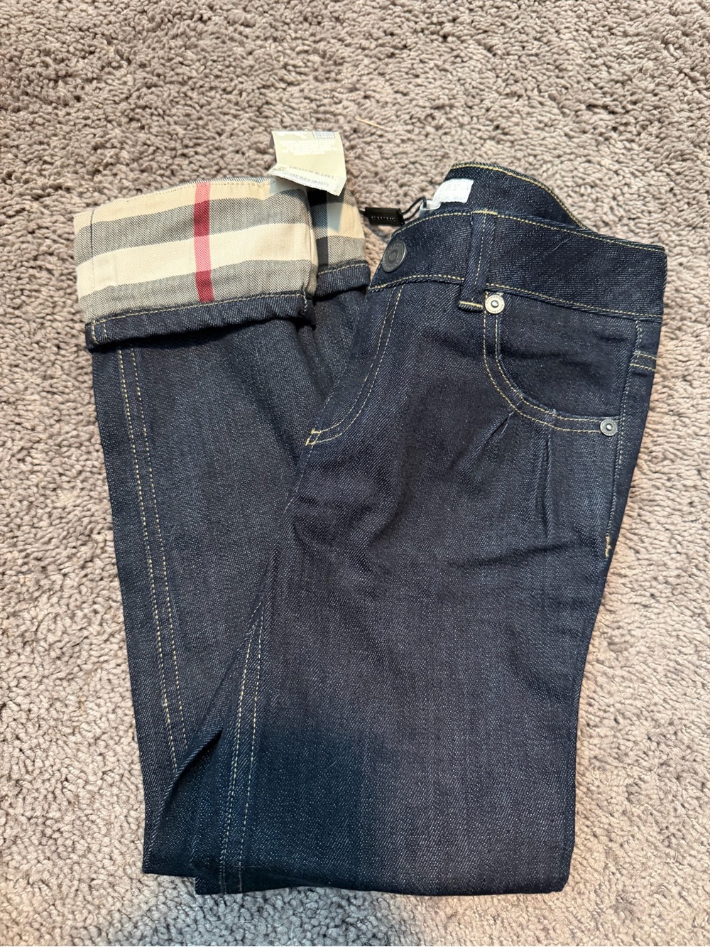 Burberry Dark Blue Straight Leg girls Jeans with Plaid Cuff